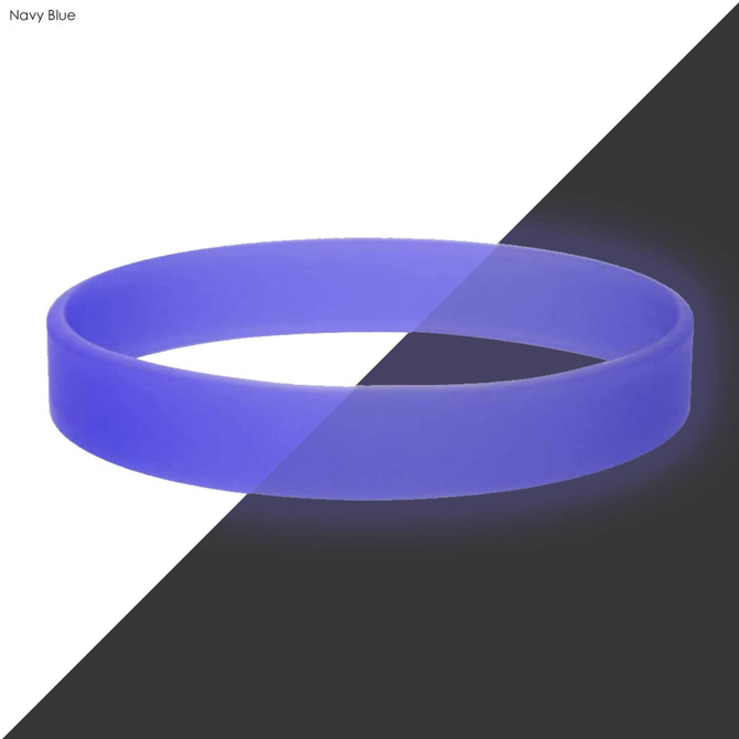 A navy blue silicone wristband with a glow effect, set against a contrasting black background.