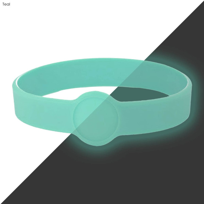 A teal silicone wristband with a circular badge, featuring a neon glow effect against a dark background.