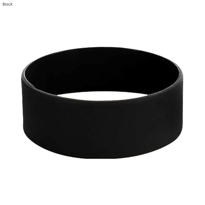 A large black silicone wristband featuring a simple design and a logo.