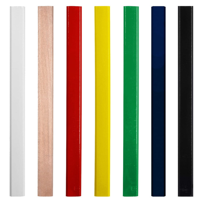 A set of carpenter pencils in various colours: white, natural wood, red, yellow, green, blue, and black.