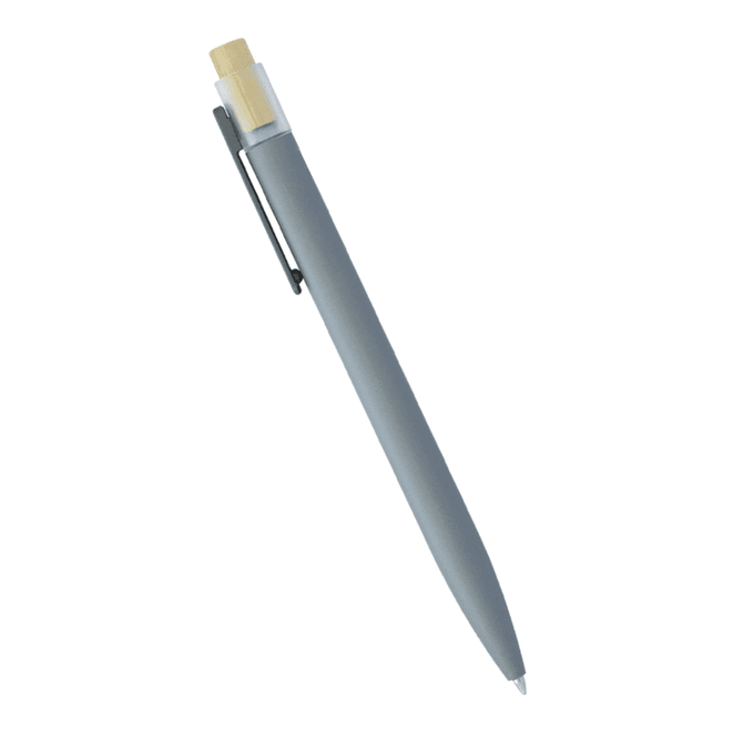 A grey recycled aluminium pen with a bamboo clicker and a silver clip. It features a minimalist design.