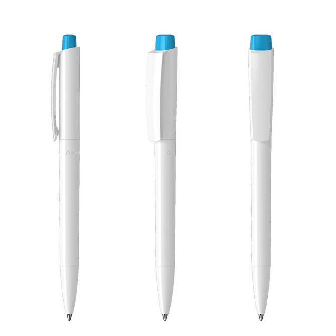 A set of three plastic pens in white with blue accents, featuring a logo on the side.