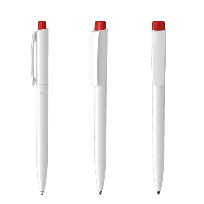 A set of white plastic pens with red caps, featuring a logo on the side.