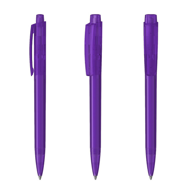 A set of three transparent purple plastic pens with clips and a sleek design. Each pen features a logo.