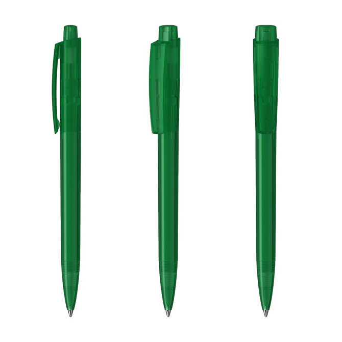 A set of green transparent plastic pens, featuring a sleek design and matching caps. The pens are displayed upright.