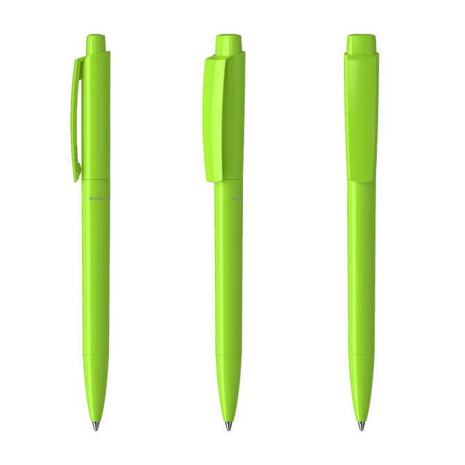Three bright green plastic pens with a clip and cap, showcasing different angles and designs. Each pen has branding.