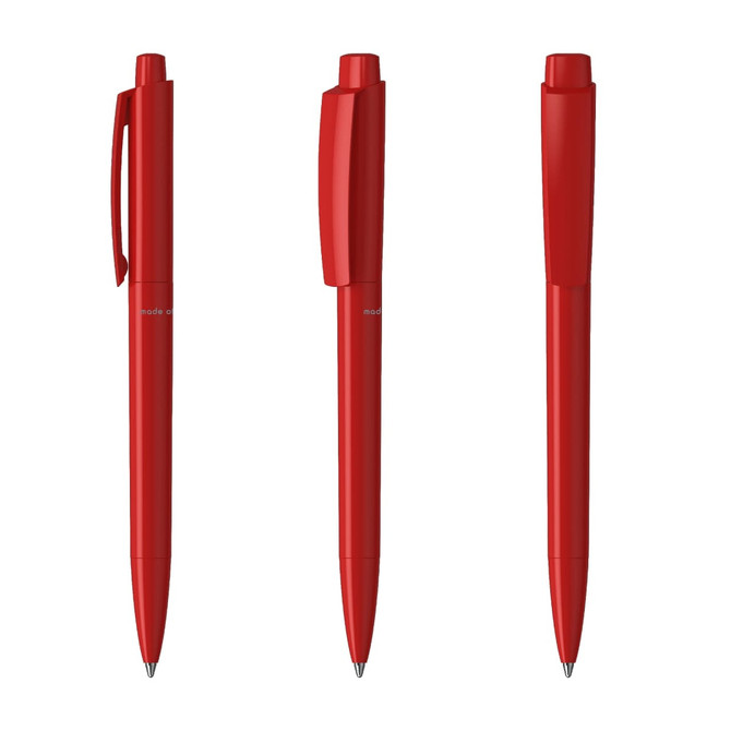 Three red plastic pens displayed from different angles, each featuring a clip and a smooth barrel design.