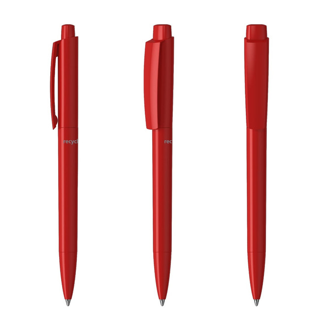 Three red plastic pens are displayed from different angles, featuring a logo on the barrel.