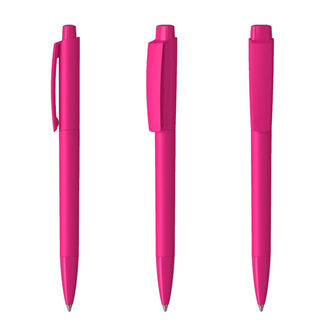 Three pink plastic pens with a high gloss finish, featuring different angles and a clip on each.