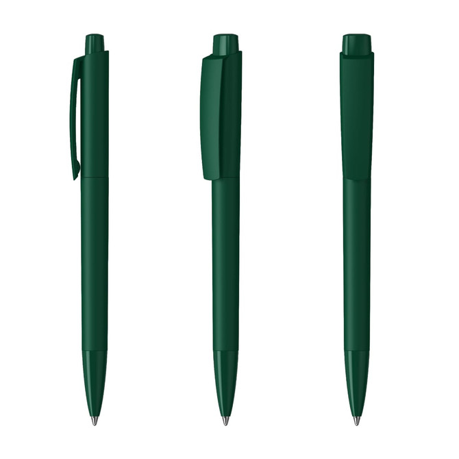 Three dark green plastic pens with a smooth glossy finish, featuring clips and click mechanisms.