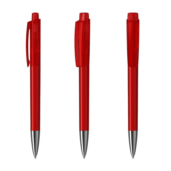 A set of three transparent red plastic pens with silver accents and clip. Each pen has a click mechanism.