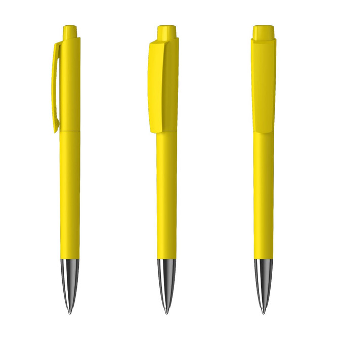 A set of three yellow metal pens with chrome tips and clips, featuring a smooth, glossy finish.