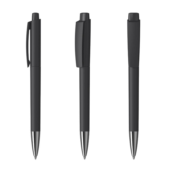 A set of three sleek black metal pens featuring a high gloss finish and silver-tone tips, each with a distinctive cap design.