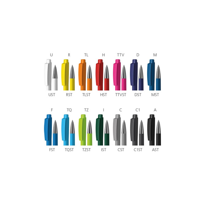 A collection of metal pens in various colours, featuring a sleek design and glossy finish, each with a branding logo.