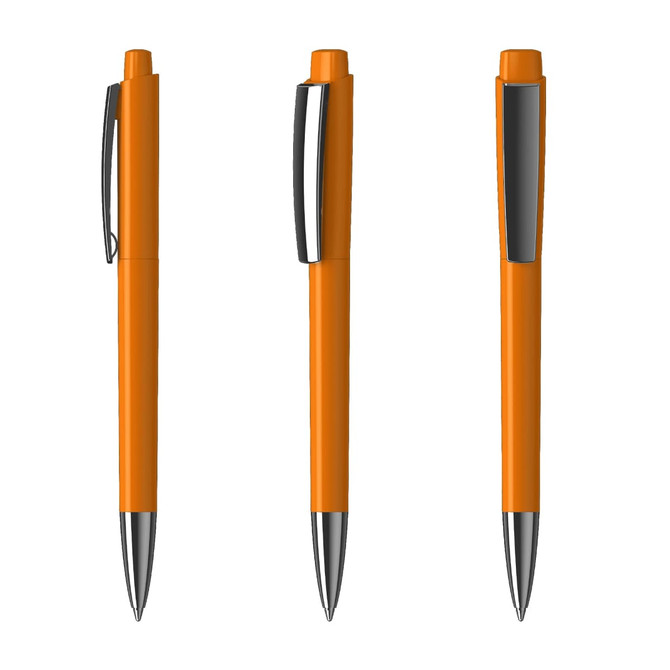 An orange plastic pen with a glossy finish and silver accents, featuring a clip and a streamlined design.
