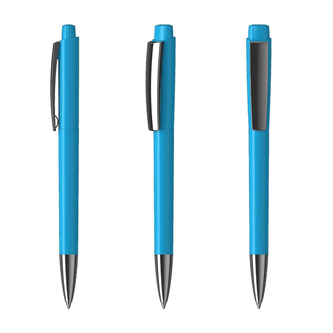 A set of three blue plastic pens with silver accents and clips, featuring a glossy finish. Each pen has a distinct angle.