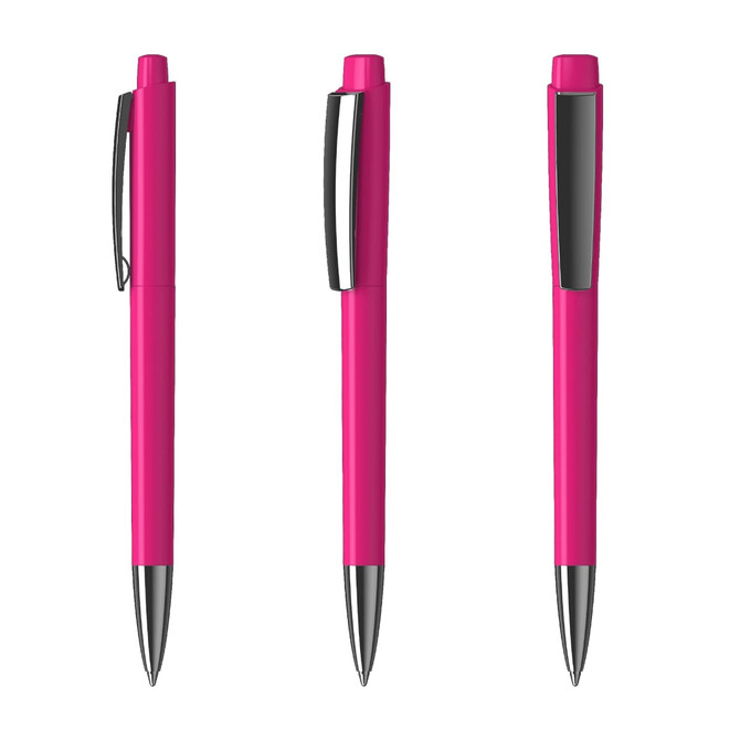 A set of three bright pink plastic pens with silver accents and a clip, featuring a sleek high gloss finish.