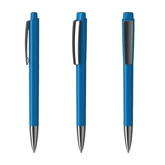 A group of blue plastic pens with silver accents, featuring a clip and a glossy finish.