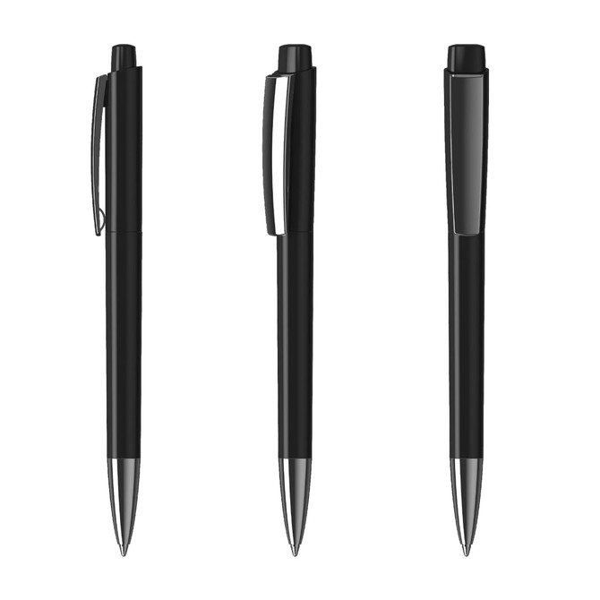 A set of three black plastic pens with a high gloss finish and silver accents, featuring clips and a logo.