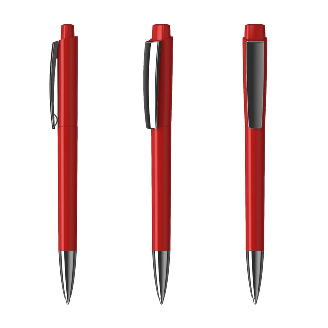 A set of three red plastic pens with silver accents and clips, featuring a sleek design.