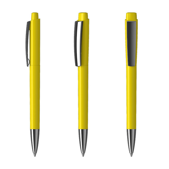 A yellow plastic pen featuring a sleek design and a silver clip, displayed from three angles.