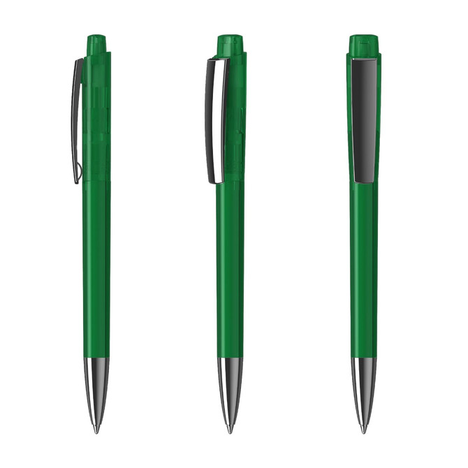 Three green plastic pens with shiny silver tips, featuring a clip and a branding logo on the barrel.