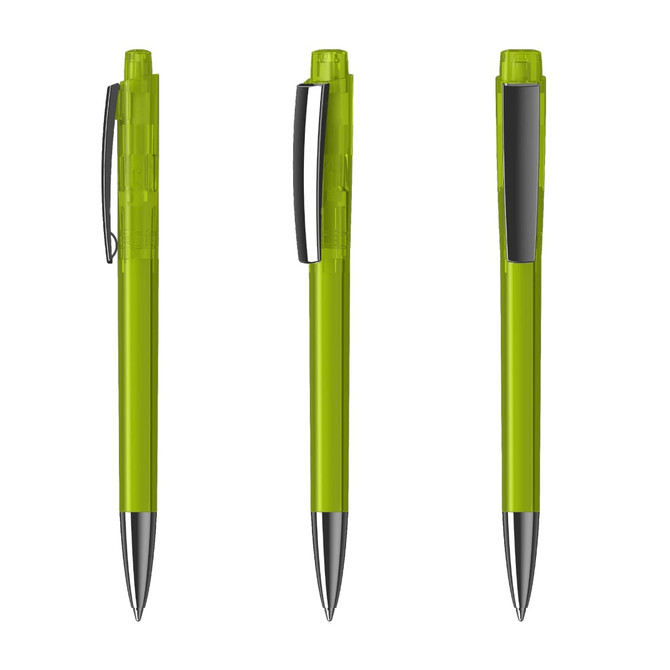 A set of transparent green plastic pens with a silver clip and tip, featuring a logo on the barrel.