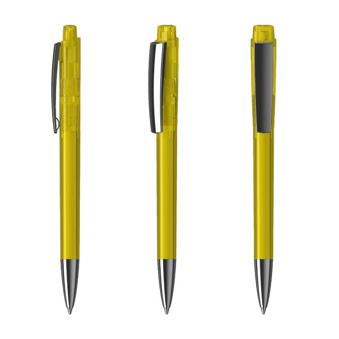 Transparent yellow plastic pens with silver accents and black clips, featuring various angles of the design.