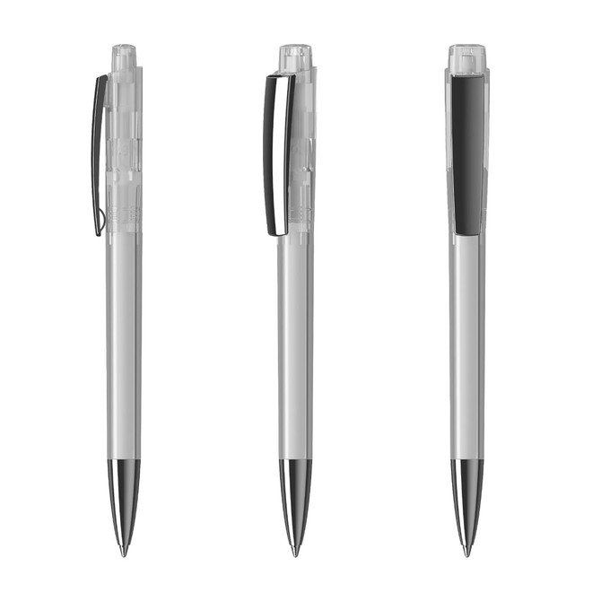 A set of transparent plastic pens in clear and black colours, featuring a sleek design and clip.