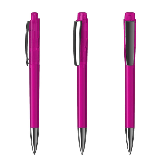 A vibrant pink transparent plastic pen with a silver clip and tip, showcased from multiple angles.