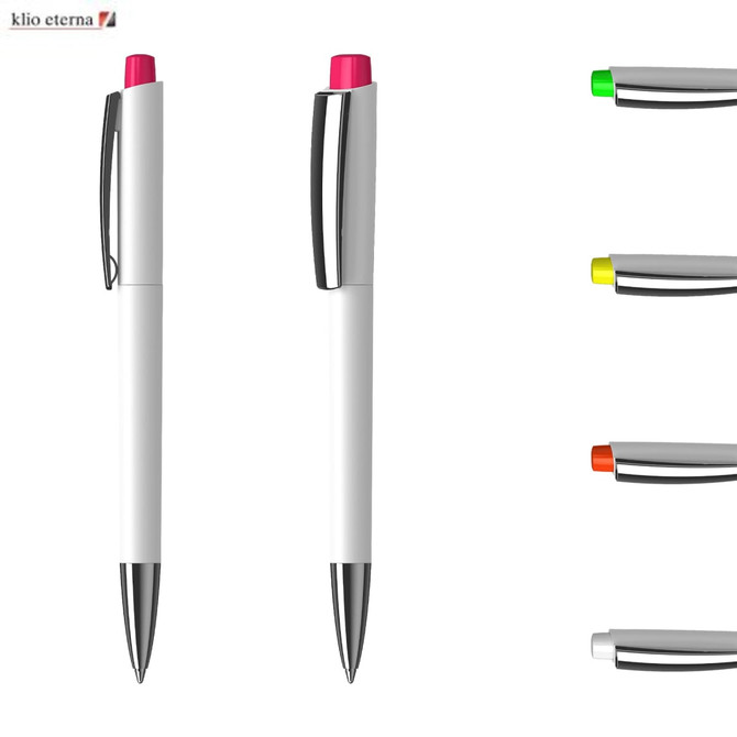 A plastic pen with a white body and glossy finish, featuring a pink top and chrome accents. Includes multiple colour options.