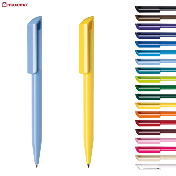 A collection of plastic pens in various colours, including blue and yellow, with a logo in the corner.