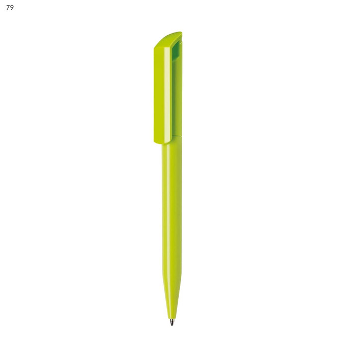 A plastic pen in bright lime green with a streamlined design and a logo on the clip.