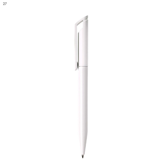 A white plastic pen with a sleek design and a clip, featuring a branding logo.