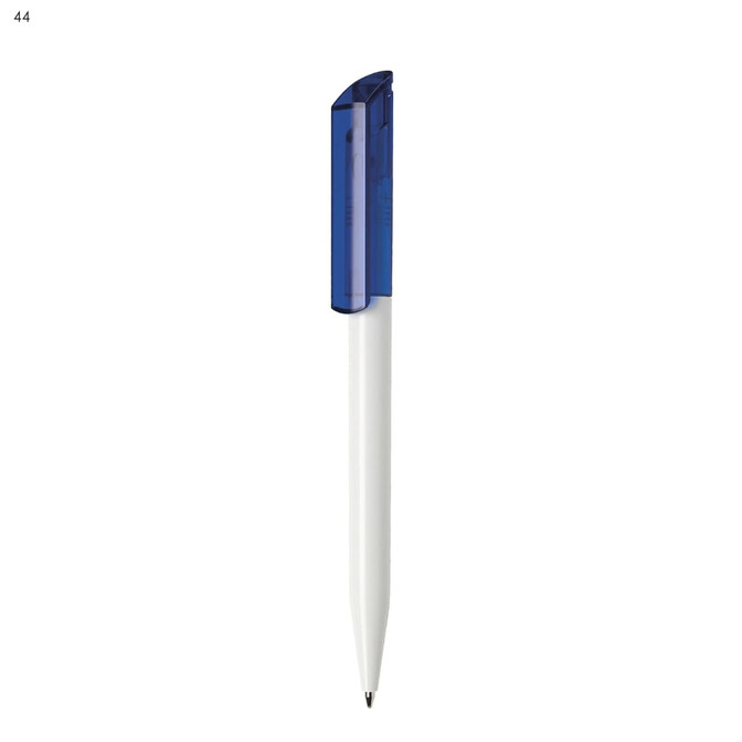 A white plastic pen with a blue cap and a logo on the cap.