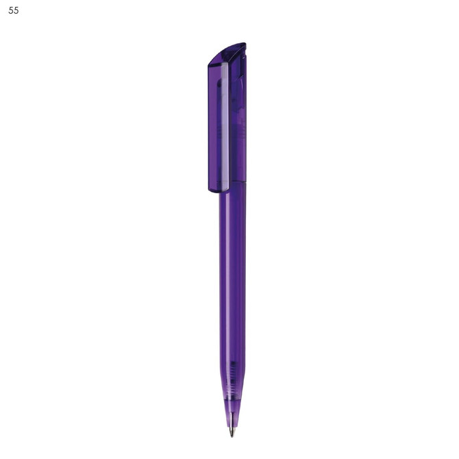 A purple plastic pen featuring a sleek design and a clip. Includes branding on the body.