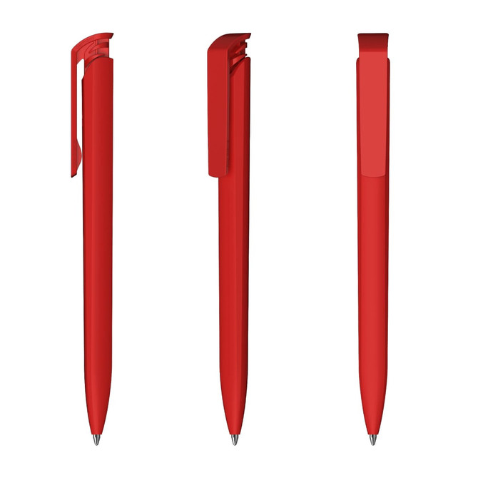 A set of three red plastic pens with a glossy finish and clips, featuring a sleek design.