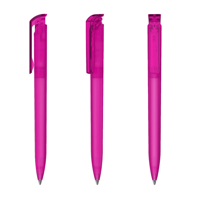 A set of three pink transparent plastic pens with a sleek design and clips, featuring a visible mechanism.