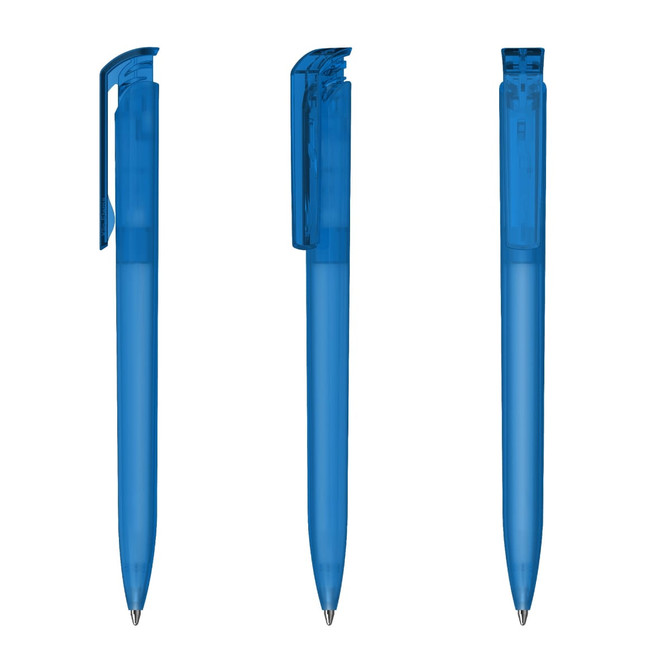 A transparent blue plastic pen with a clip, featured from three different angles. Includes a logo on the barrel.