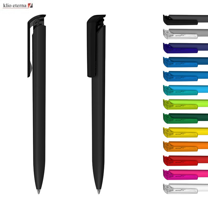 A black plastic pen with a sleek design alongside a range of colourful pens including blue, green, orange, and pink.