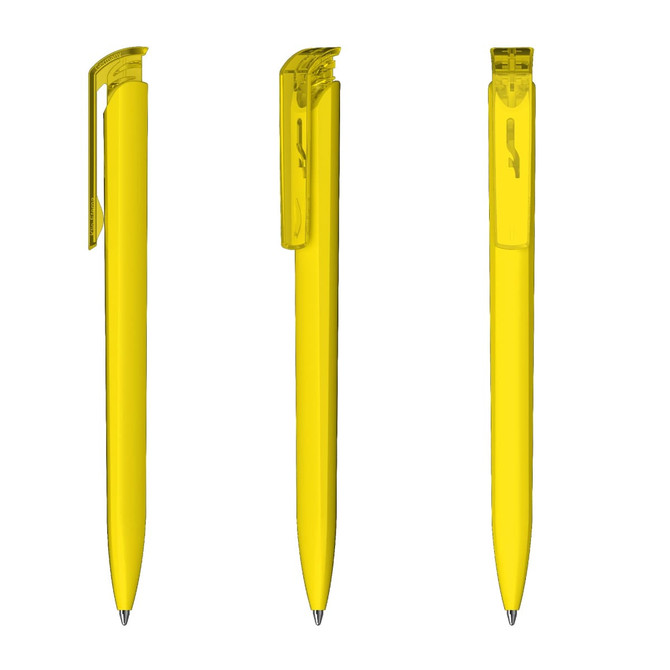 A yellow plastic pen with transparent accents, featuring a clip and a smooth writing tip.