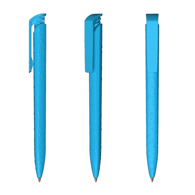 A high gloss blue plastic pen, featuring a unique textured grip and a clip for easy attachment. It has a logo displayed.