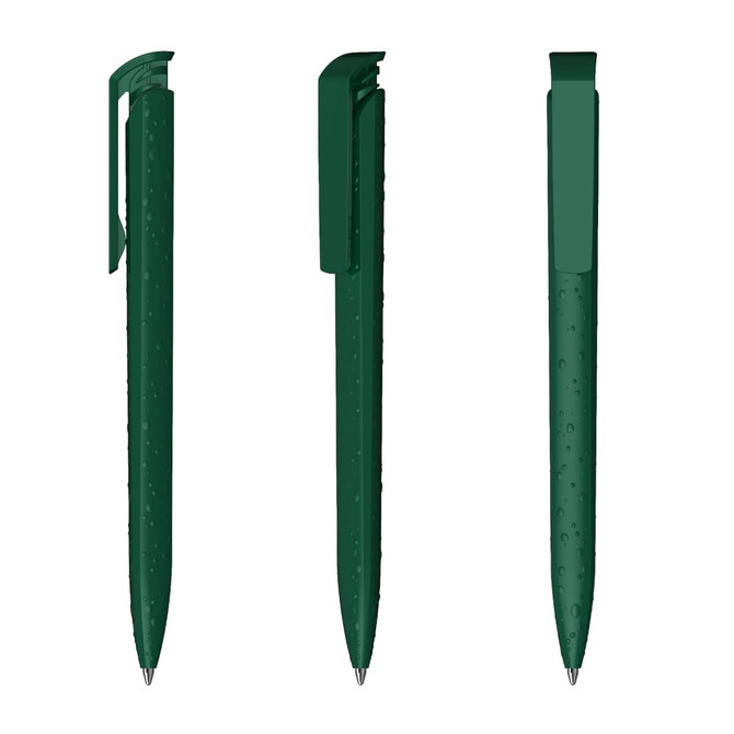 A set of three high-gloss green plastic pens with a sleek design and textured grip. Each pen features a clip.