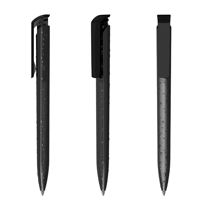 A black plastic pen with a transparent body featuring water droplets, seen from three angles.