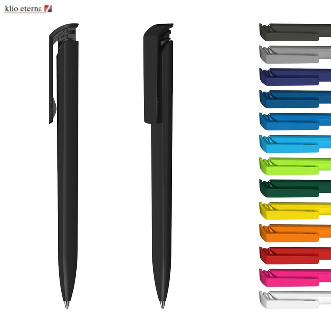 A collection of plastic pens in various colours with a black pen featured prominently. The image has a logo.