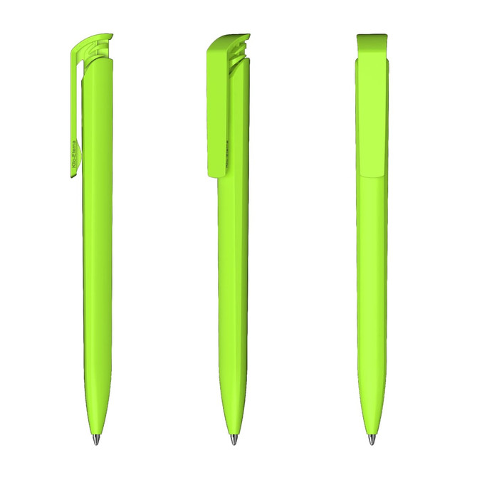 A set of three bright green plastic pens, featuring a clip and a smooth pen tip. The product has a logo.