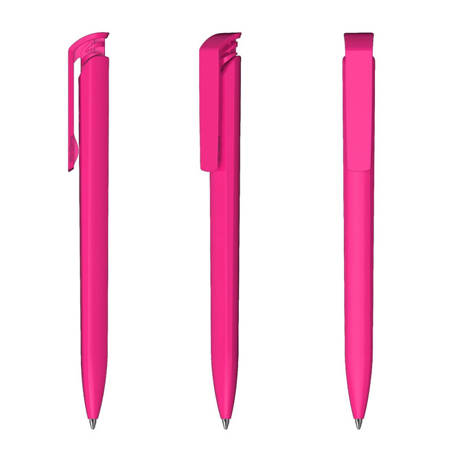 A set of bright pink plastic pens displayed from three different angles, featuring a clip and a branding logo.