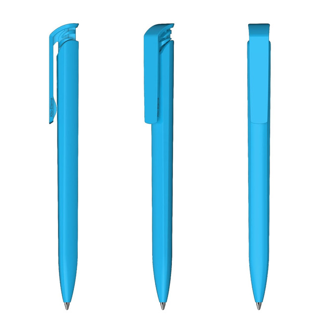 A set of three blue plastic pens, featuring a smooth design and clip for convenience. The pens have a glossy finish.