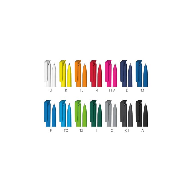 A collection of plastic pens in various colours, featuring different styles and a logo on each pen.