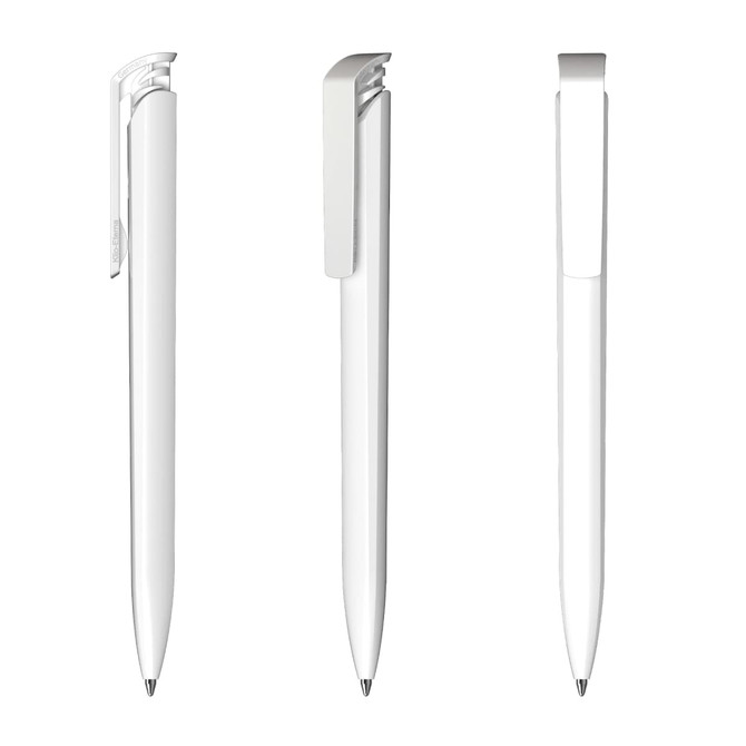 A trio of white plastic pens with a sleek design and clip, featuring a logo on one pen.